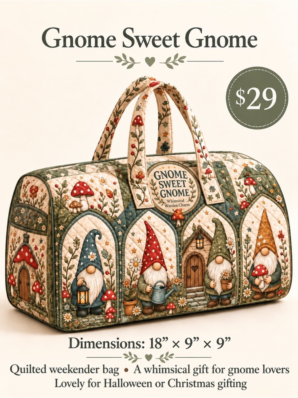 Gnome Sweet Gnome Quilted Travel Bag in Green & Cream